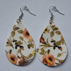 Peach Floral Teardrop Earrings Faux Leather